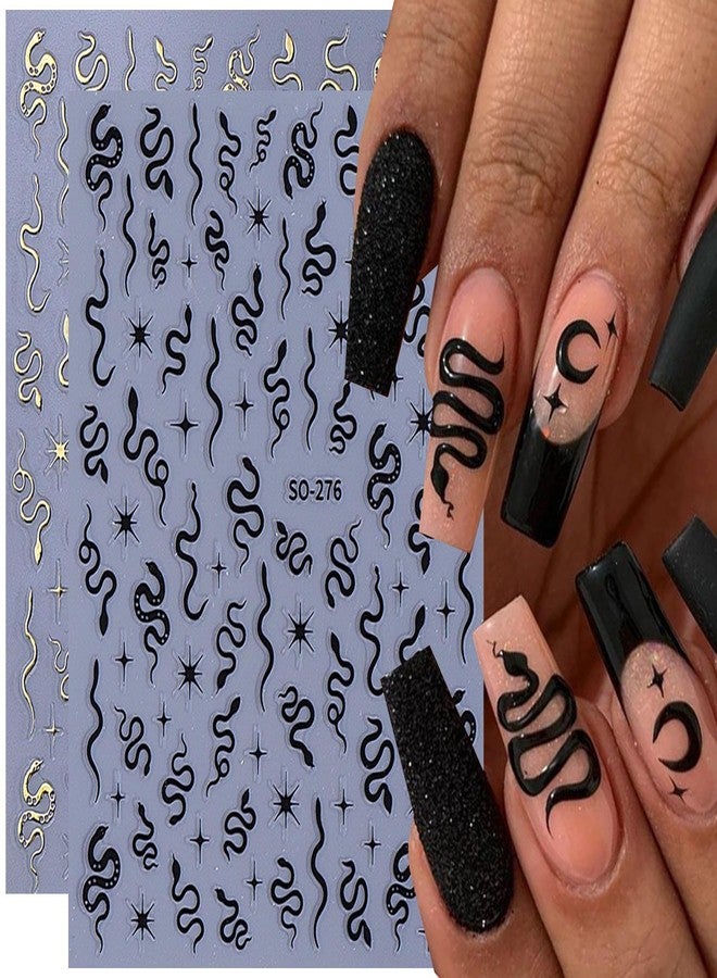 BSBTBZ 4Pcs Snake Nail Stickers 3D Snake Nail Decals Self-Adhesive Nail Design Supplies Gold Silver Black Laser Metallic Snake Star Line Holographic Metallic Acrylic Nail Charms French Manicure Decorations - Image 2